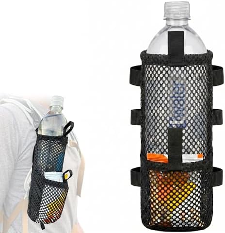 Water Bottle & Snack Holder for Backpack Shoulder Strap - Fits 1L Smartwater, Front Accessory Pouch, Ultralight 0.9 oz, Snap Hook Mount, Nylon Mesh Backpack Attachment